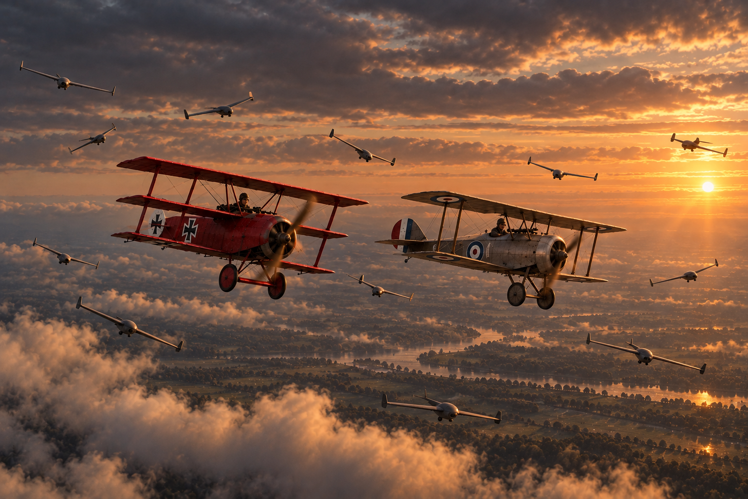 Red triplane and Allied biplane flying among drones at sunset
